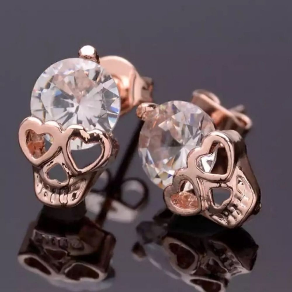 3 for 26 - Crystal Skull Heart Rose Gold Toned Earrings